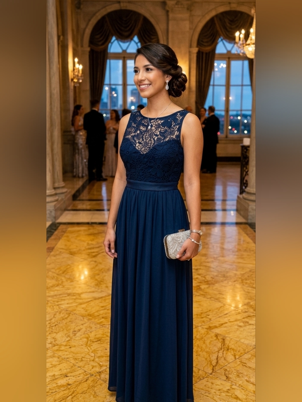 Lace Bodice Open Back Sleeveless Evening Gown Navy Wedding Guest Prom Sz Small